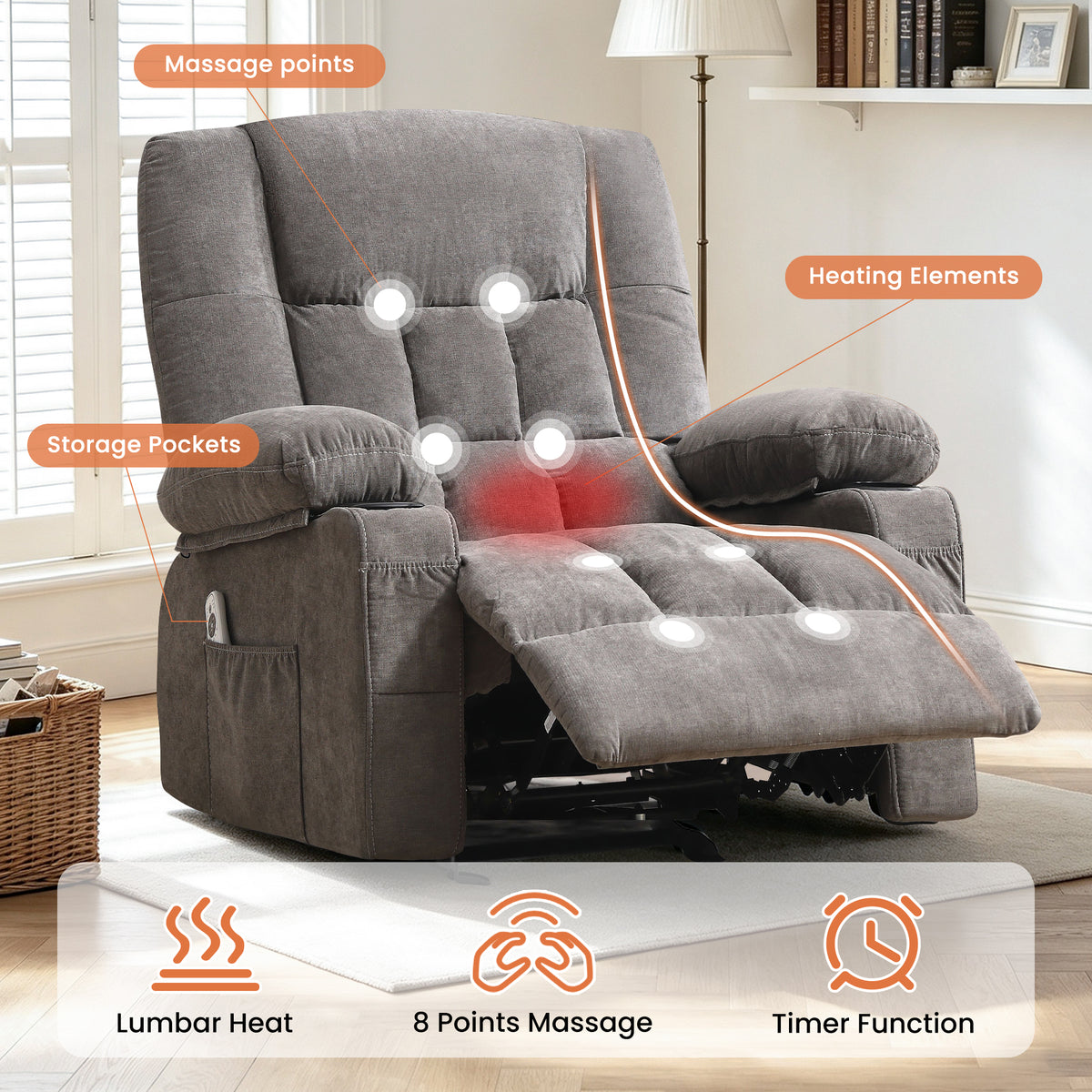 JMYMRY Recliner Chair, Rocker Recliner for Adults, Recliner Chair with Heat and Massage, Manual Recliner with Cup Holders for Living Room