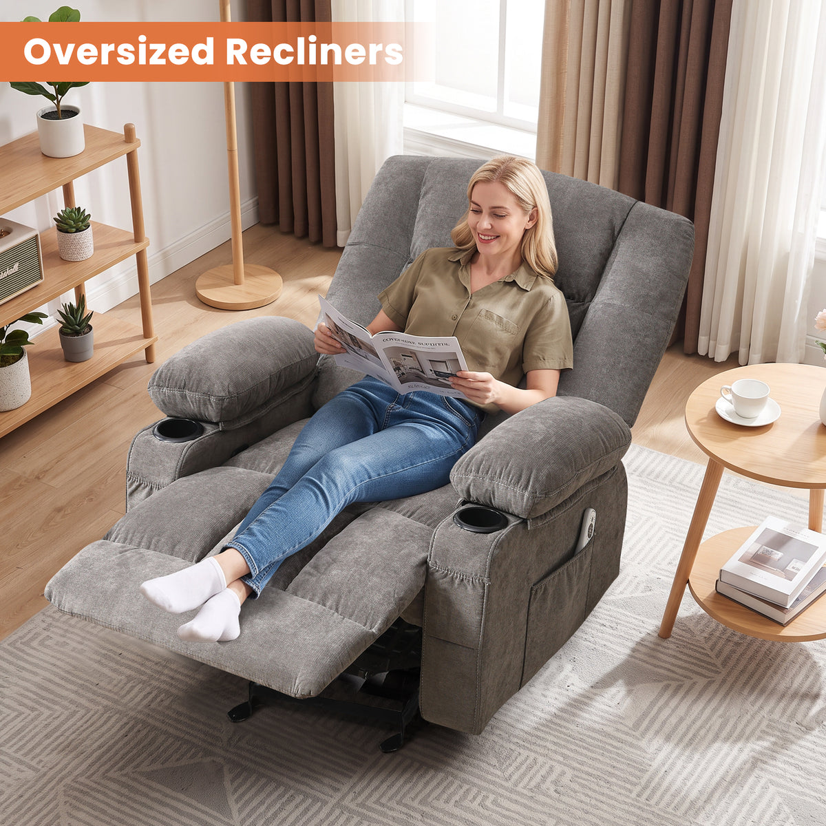 JMYMRY Recliner Chair, Rocker Recliner for Adults, Recliner Chair with Heat and Massage, Manual Recliner with Cup Holders for Living Room