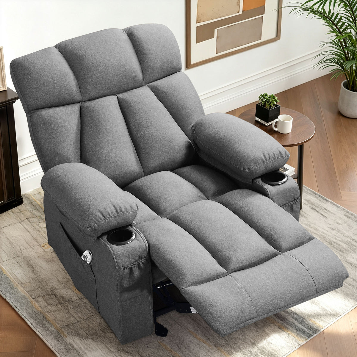 JMYMRY Soft Fabric Massage Heating Rocking Recliner Chair with USB Port, 4 Storage Pockets & 2 Cup Holders for Living Room