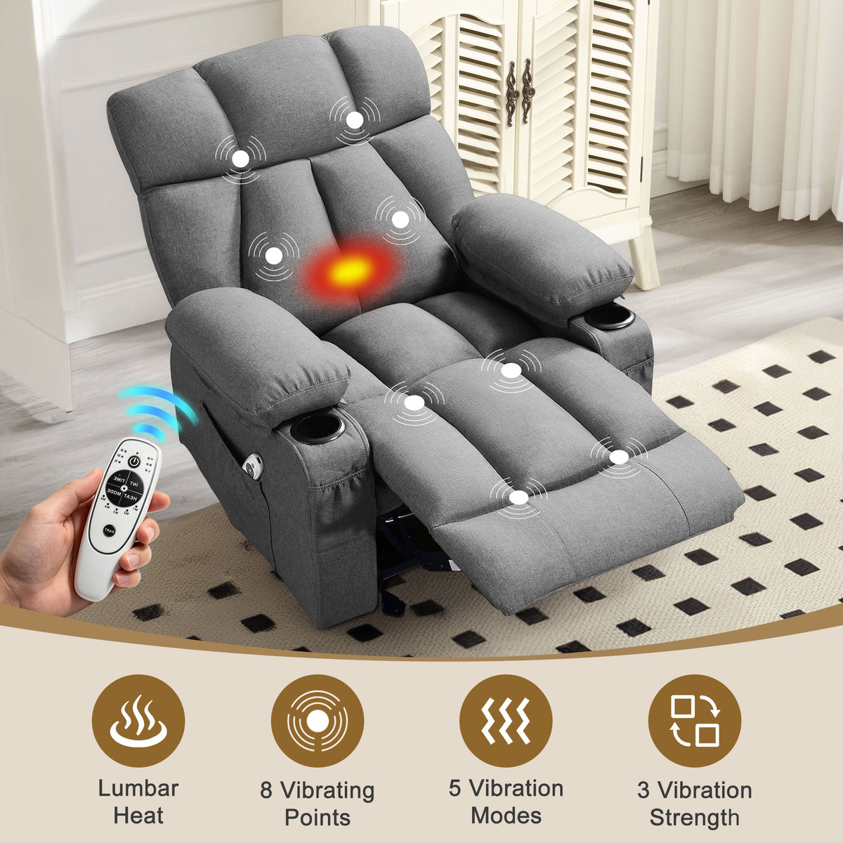 JMYMRY Soft Fabric Massage Heating Rocking Recliner Chair with USB Port, 4 Storage Pockets & 2 Cup Holders for Living Room