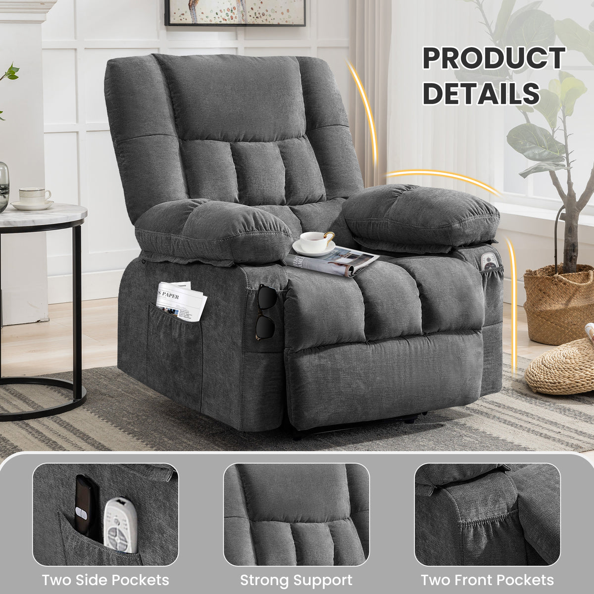 JMYMRY Power Lift Recliner Chair, Classic Manual Recliner Chair with Overstuffed Arms and Back, Manual Single Sofa with Cup Holders