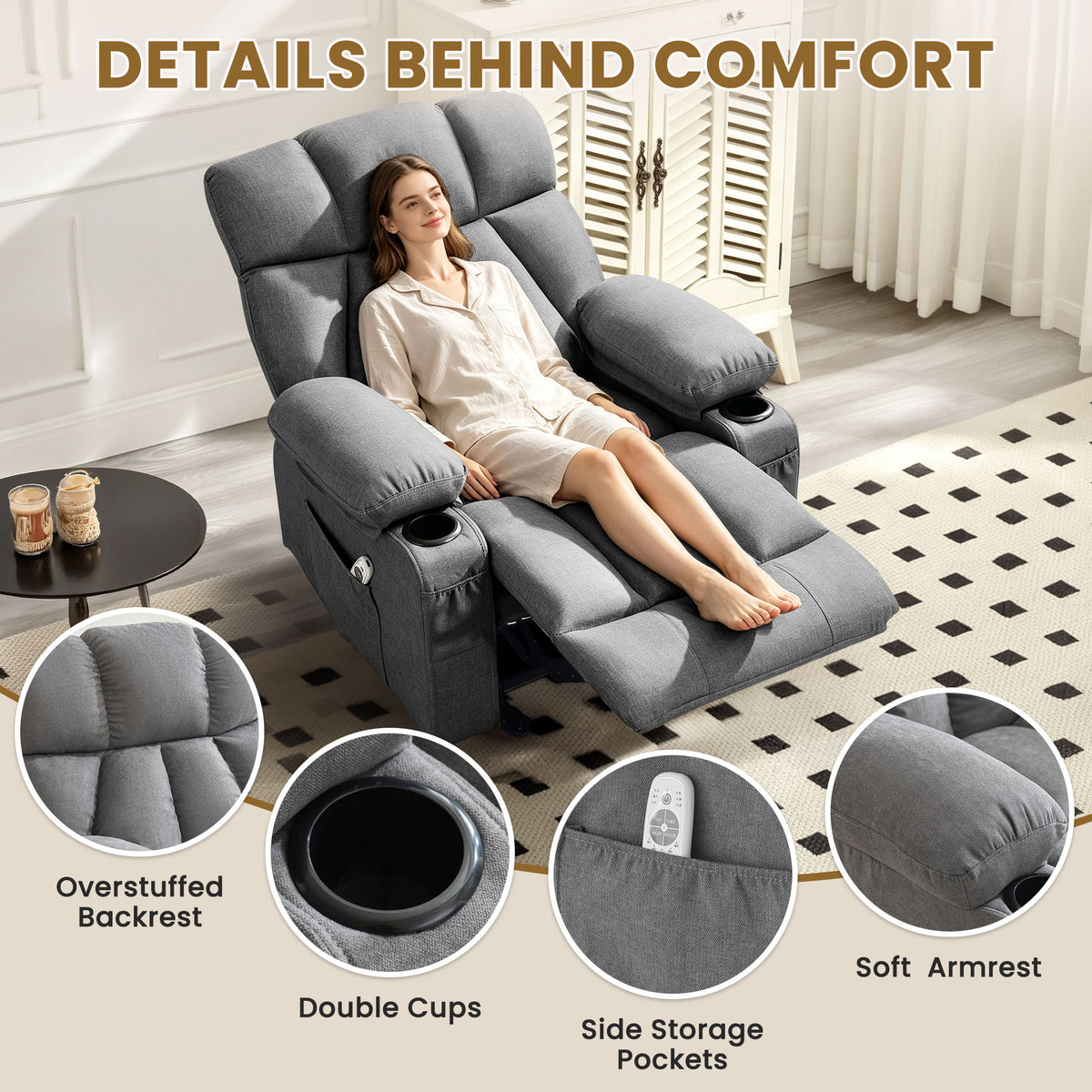 JMYMRY Soft Fabric Massage Heating Rocking Recliner Chair with USB Port, 4 Storage Pockets & 2 Cup Holders for Living Room