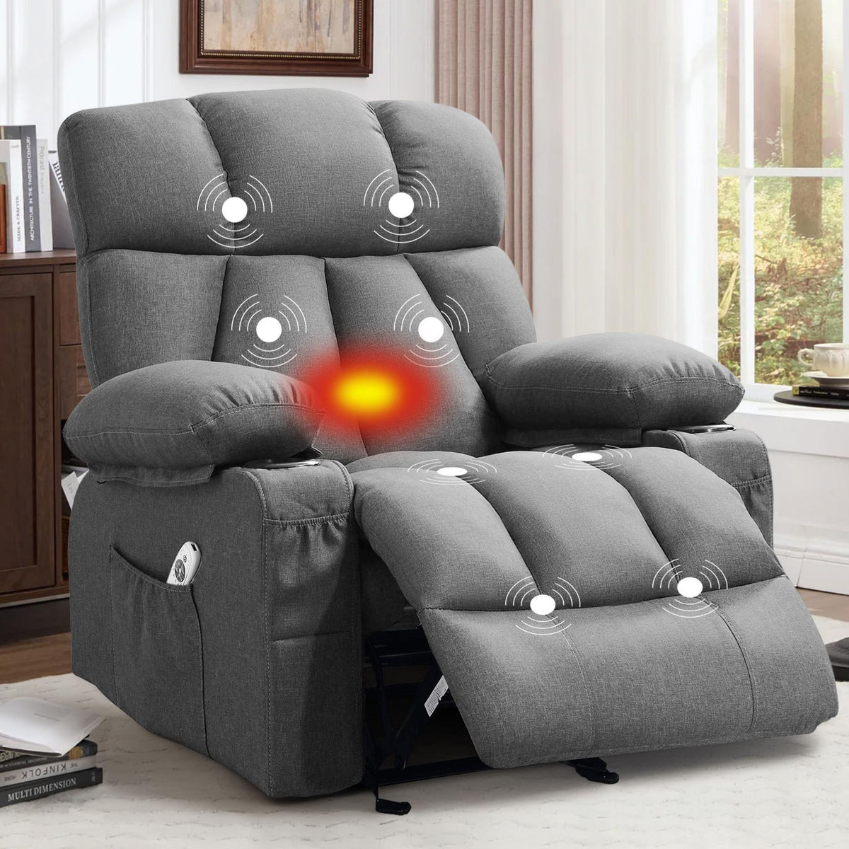JMYMRY Soft Fabric Massage Heating Rocking Recliner Chair with USB Port, 4 Storage Pockets & 2 Cup Holders for Living Room