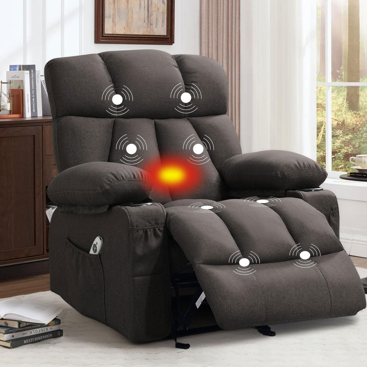 JMYMRY Soft Fabric Massage Heating Rocking Recliner Chair with USB Port, 4 Storage Pockets & 2 Cup Holders for Living Room