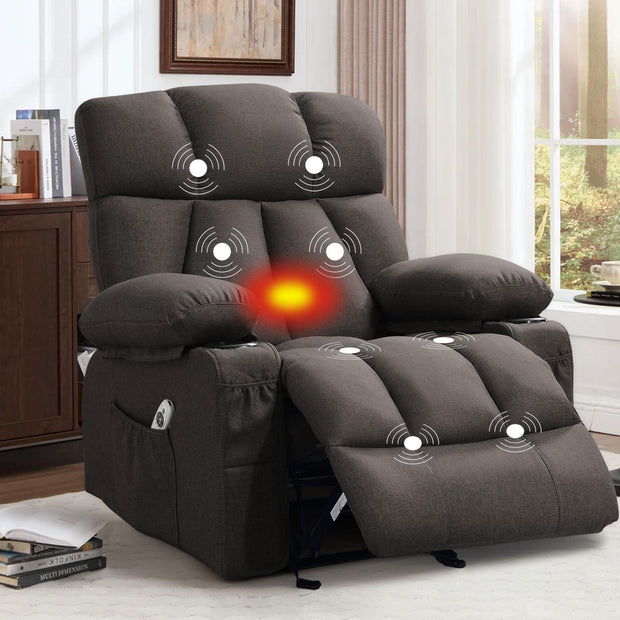 JMYMRY Soft Fabric Massage Heating Rocking Recliner Chair with USB Port, 4 Storage Pockets & 2 Cup Holders for Living Room
