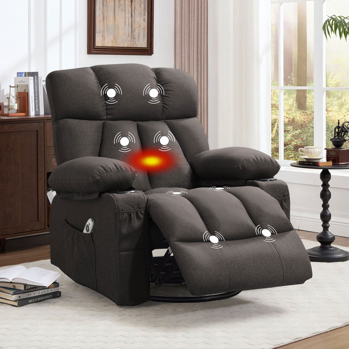 JMYMRY Soft Fabric Massage Heating Rocking Recliner Chair with USB Port, 4 Storage Pockets & 2 Cup Holders for Living Room