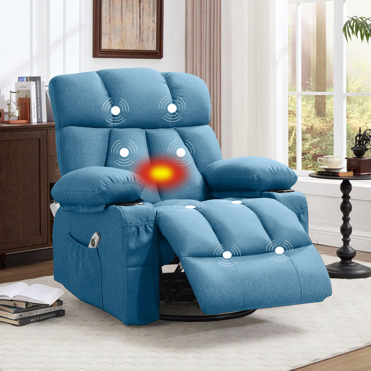 JMYMRY Soft Fabric Massage Heating Rocking Recliner Chair with USB Port, 4 Storage Pockets & 2 Cup Holders for Living Room