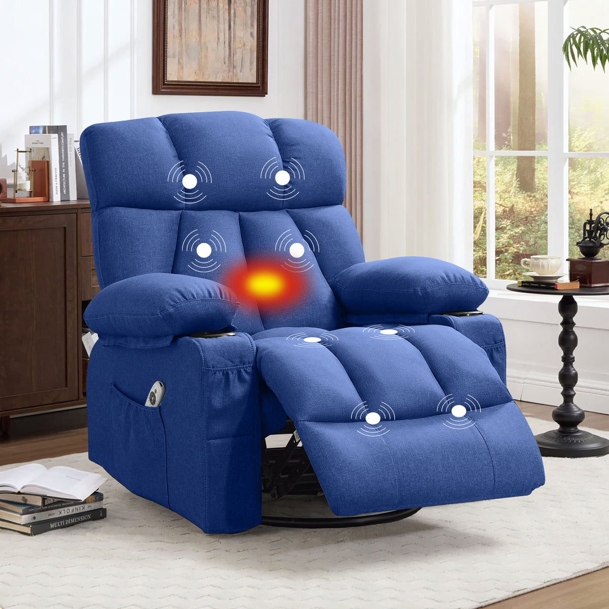 JMYMRY Soft Fabric Massage Heating Rocking Recliner Chair with USB Port, 4 Storage Pockets & 2 Cup Holders for Living Room