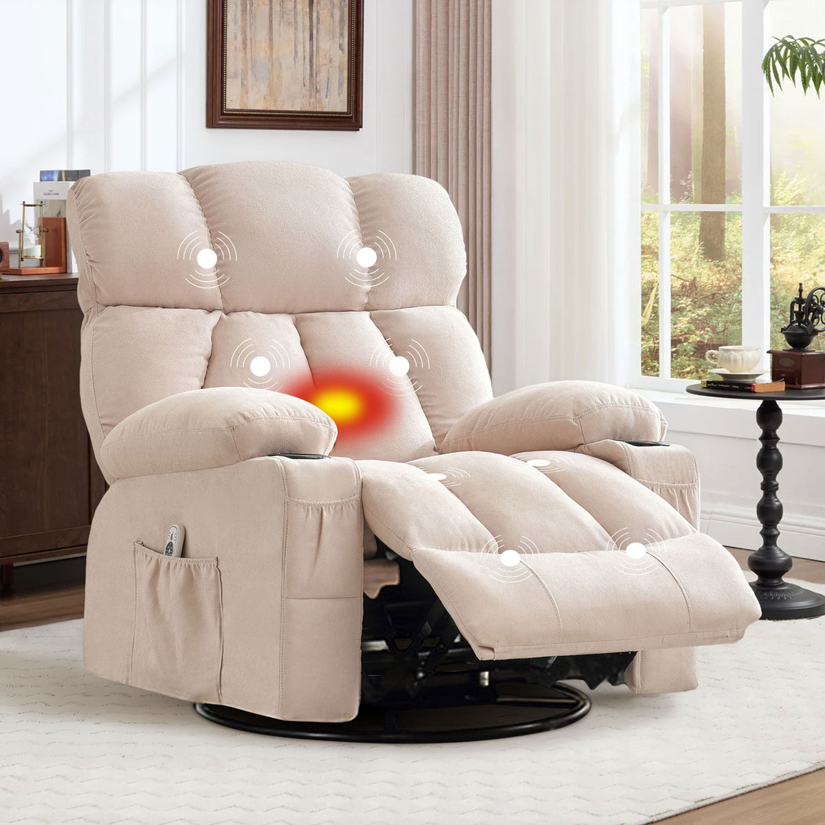JMYMRY Soft Fabric Massage Heating Rocking Recliner Chair with USB Port, 4 Storage Pockets & 2 Cup Holders for Living Room