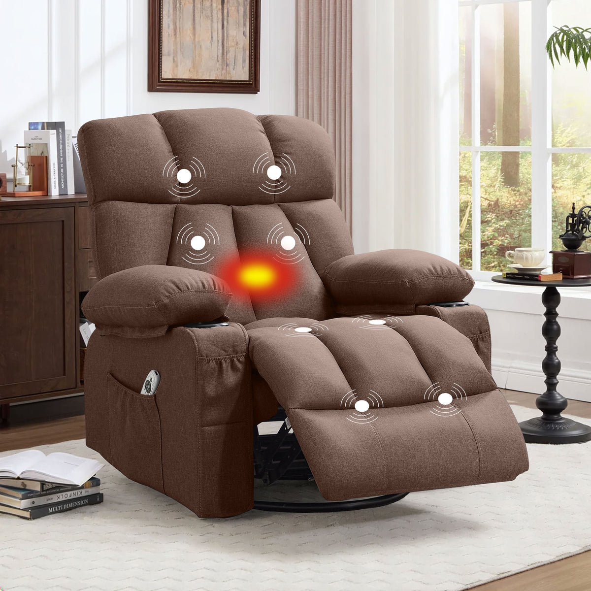 JMYMRY Soft Fabric Massage Heating Rocking Recliner Chair with USB Port, 4 Storage Pockets & 2 Cup Holders for Living Room