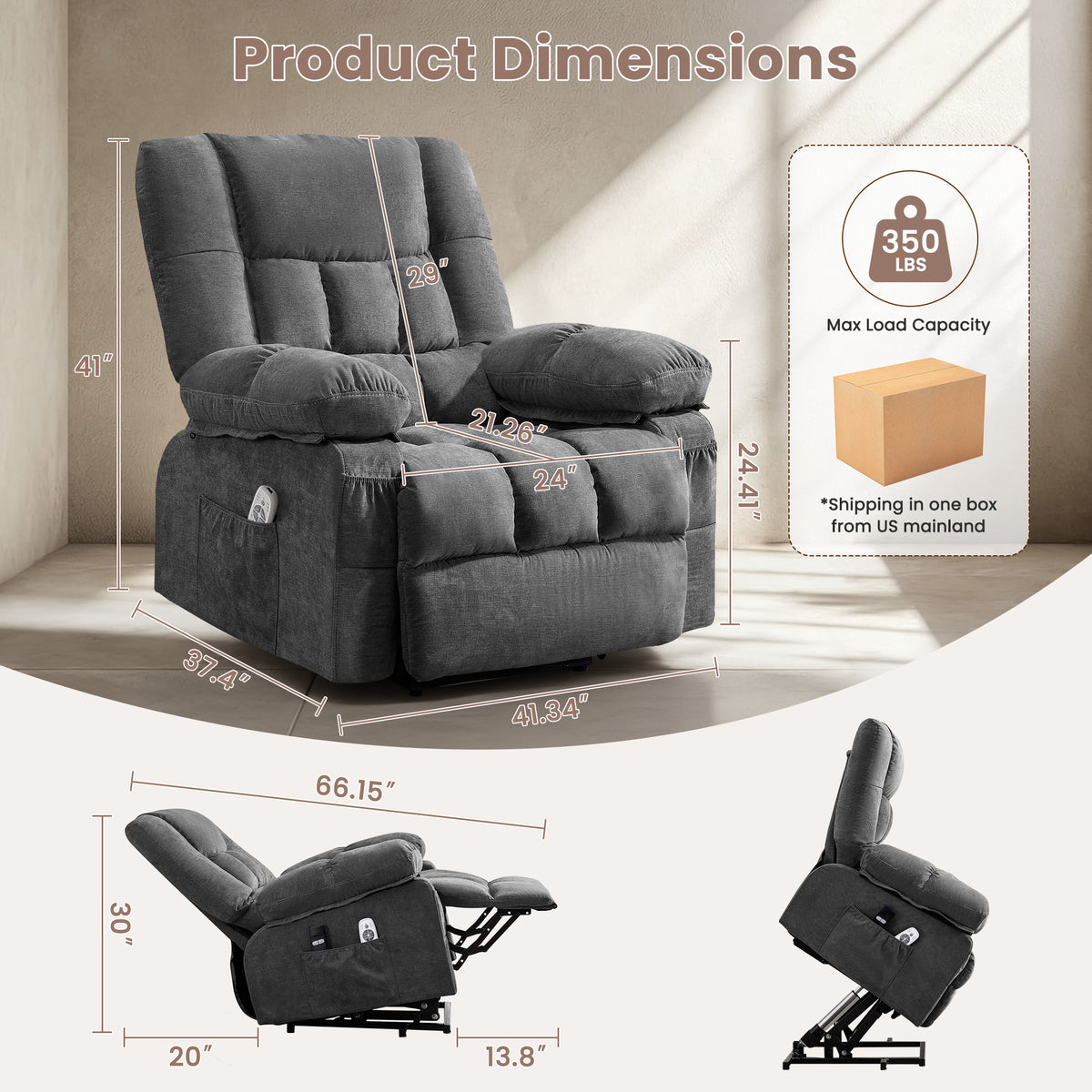 JMYMRY Power Lift Recliner Chair, Classic Manual Recliner Chair with Overstuffed Arms and Back, Manual Single Sofa with Cup Holders