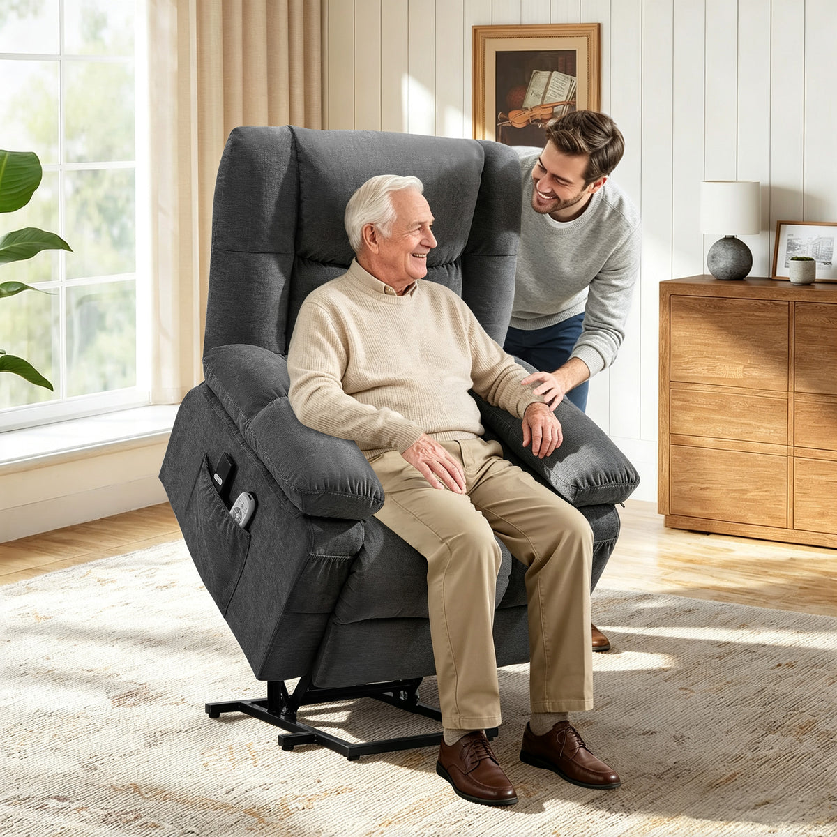 JMYMRY Power Lift Recliner Chair, Classic Manual Recliner Chair with Overstuffed Arms and Back, Manual Single Sofa with Cup Holders