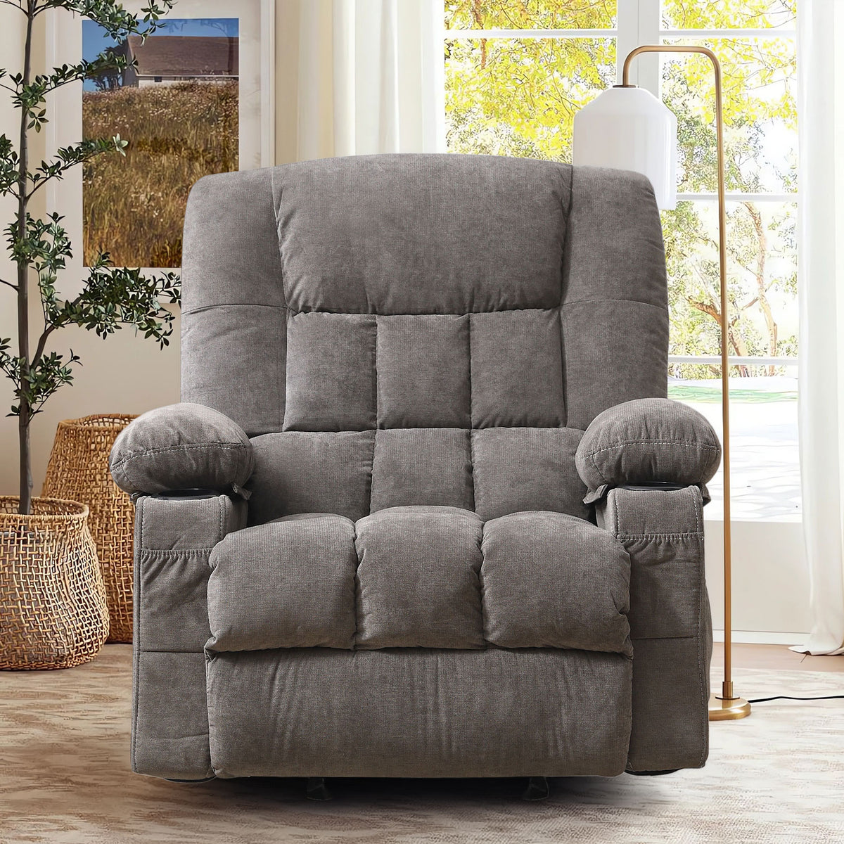 JMYMRY Recliner Chair, Rocker Recliner for Adults, Recliner Chair with Heat and Massage, Manual Recliner with Cup Holders for Living Room