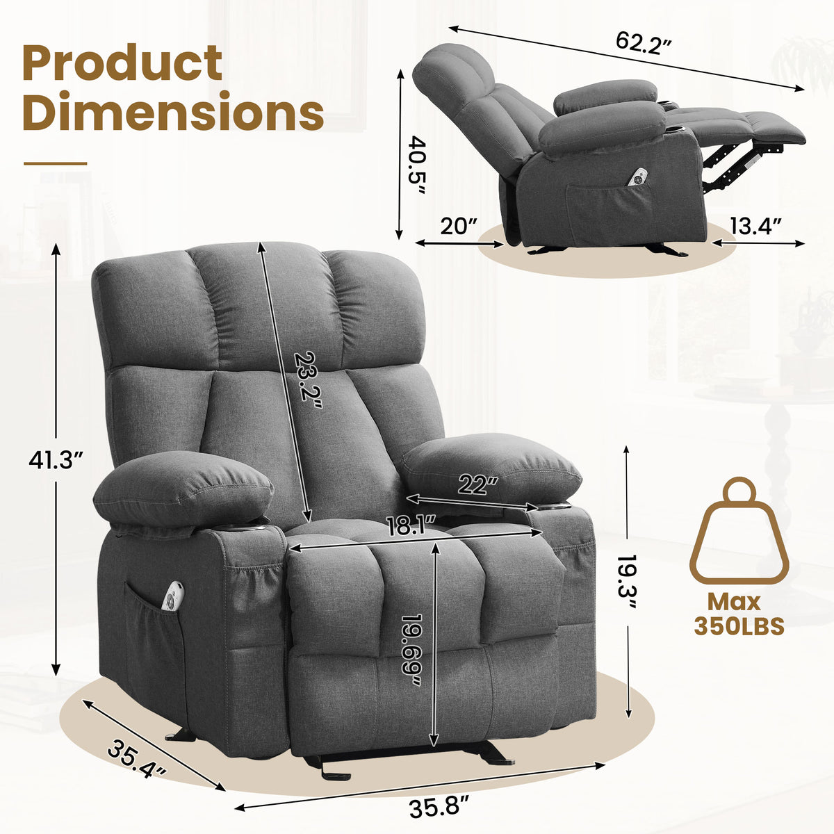 JMYMRY Soft Fabric Massage Heating Rocking Recliner Chair with USB Port, 4 Storage Pockets & 2 Cup Holders for Living Room