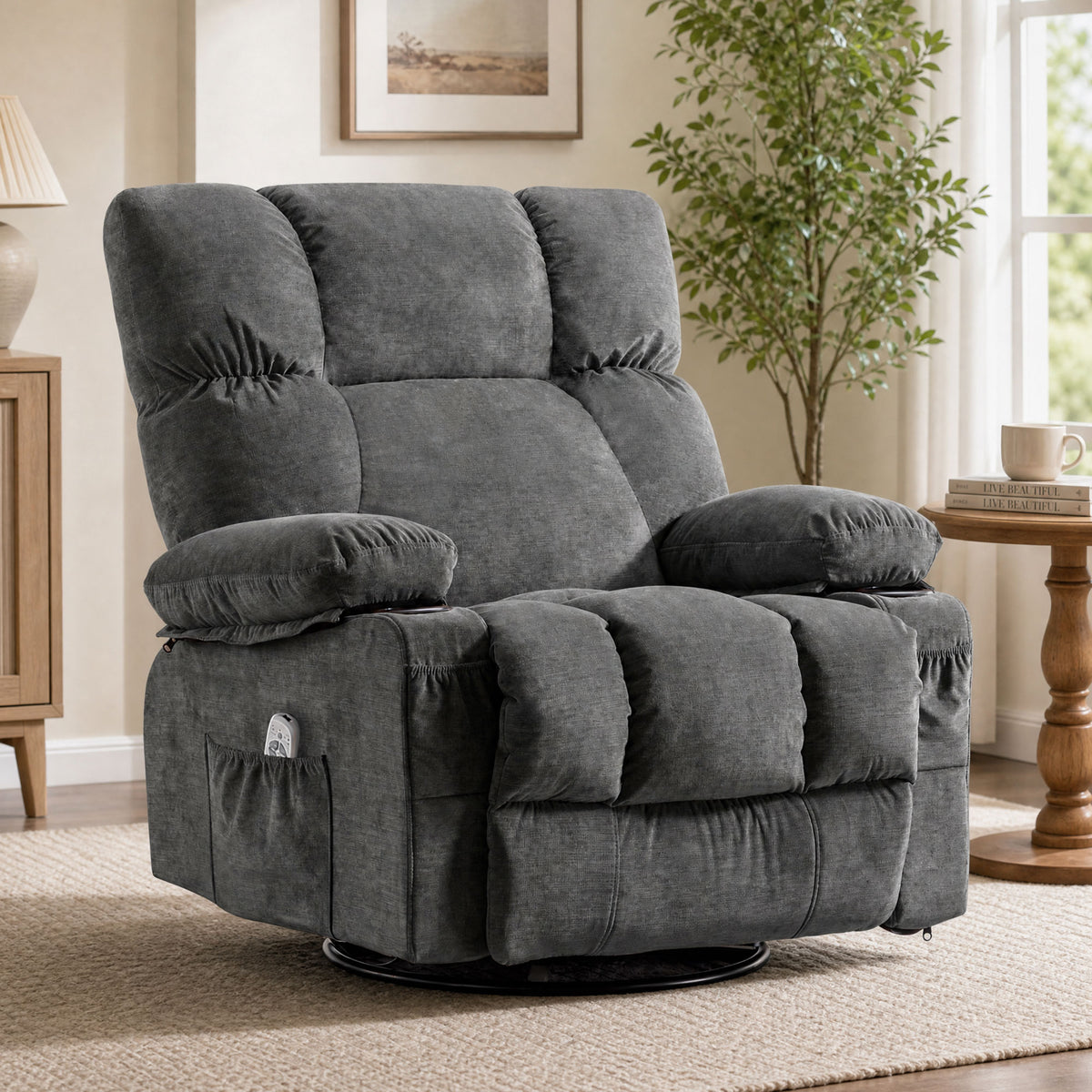 JMYMRY Rocker Recliner Chair with Vibration Massage and Heating, Cup Holders and Side Pockets, Adjustable Lounge Chair for Living Room