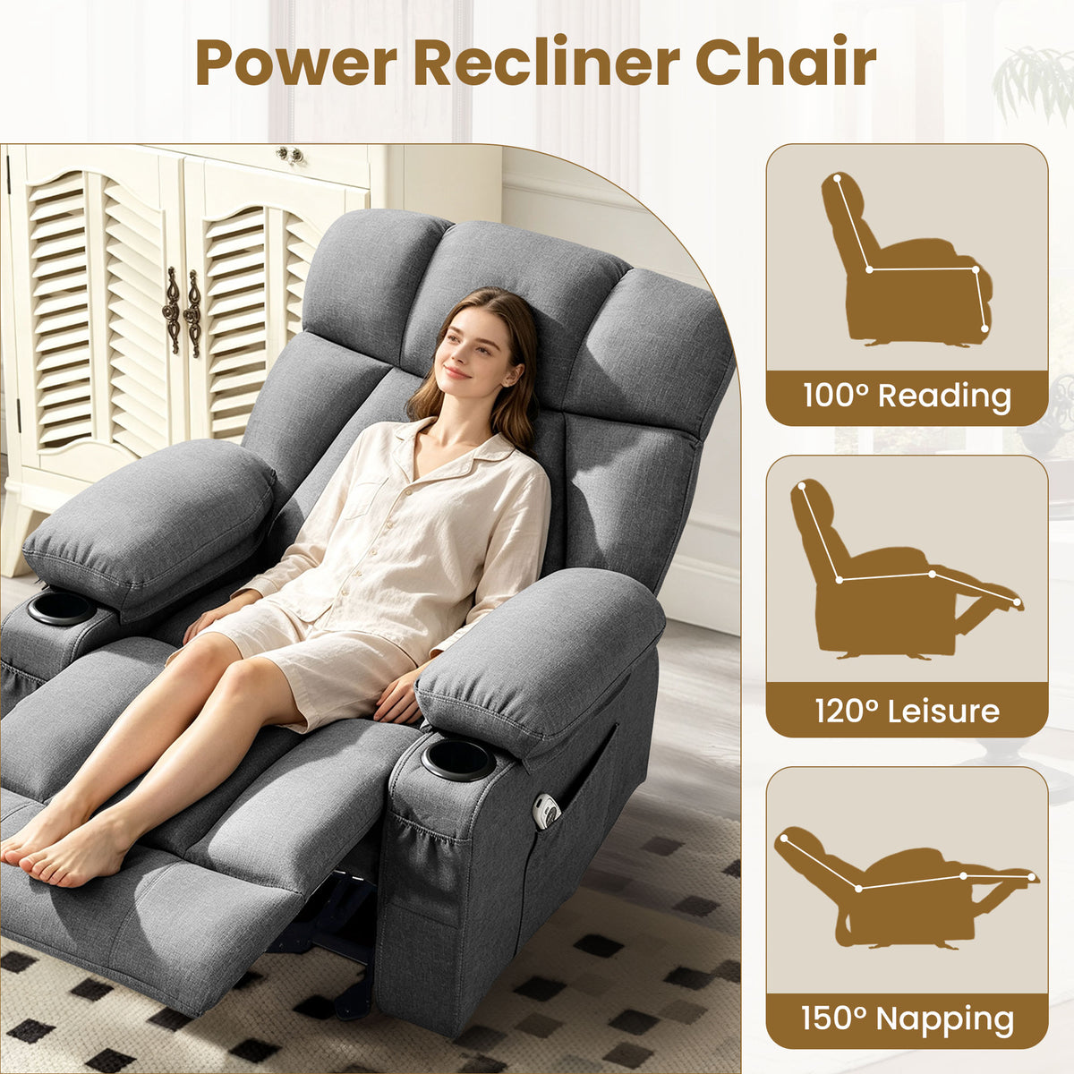 JMYMRY Soft Fabric Massage Heating Rocking Recliner Chair with USB Port, 4 Storage Pockets & 2 Cup Holders for Living Room