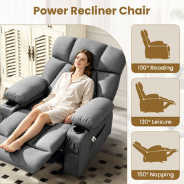 JMYMRY Soft Fabric Massage Heating Rocking Recliner Chair with USB Port, 4 Storage Pockets & 2 Cup Holders for Living Room