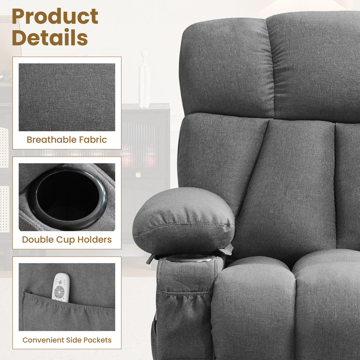 JMYMRY Soft Fabric Massage Heating Rocking Recliner Chair with USB Port, 4 Storage Pockets & 2 Cup Holders for Living Room