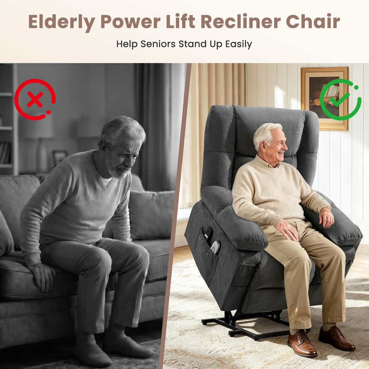 JMYMRY Power Lift Recliner Chair, Classic Manual Recliner Chair with Overstuffed Arms and Back, Manual Single Sofa with Cup Holders
