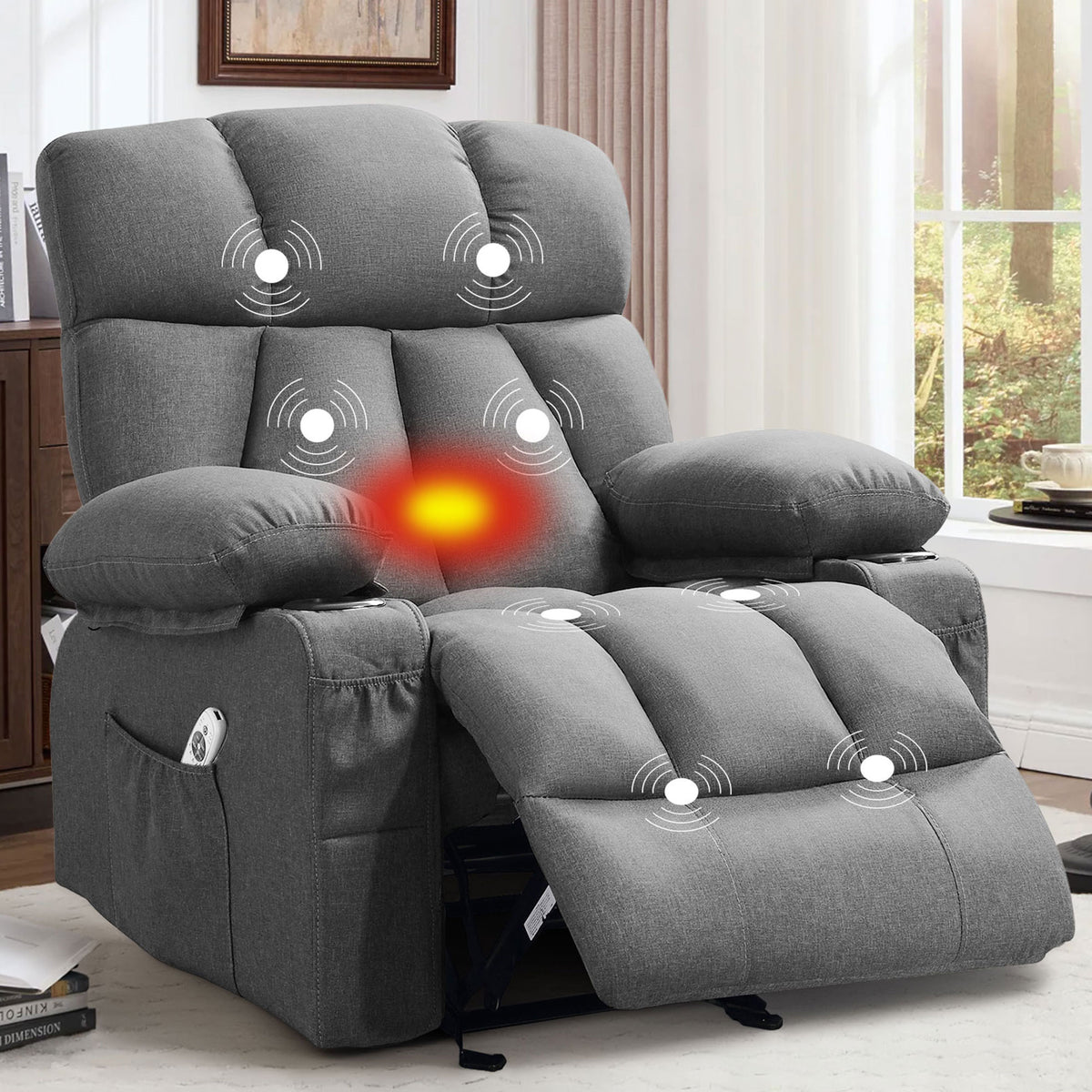 JMYMRY Soft Fabric Massage Heating Rocking Recliner Chair with USB Port, 4 Storage Pockets & 2 Cup Holders for Living Room