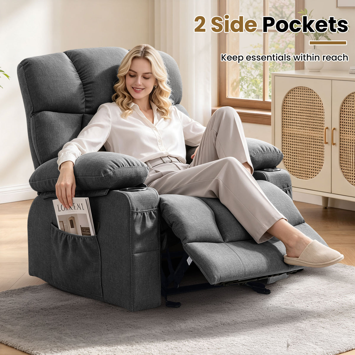 JMYMRY Soft Fabric Massage Heating Rocking Recliner Chair with USB Port, 4 Storage Pockets & 2 Cup Holders for Living Room