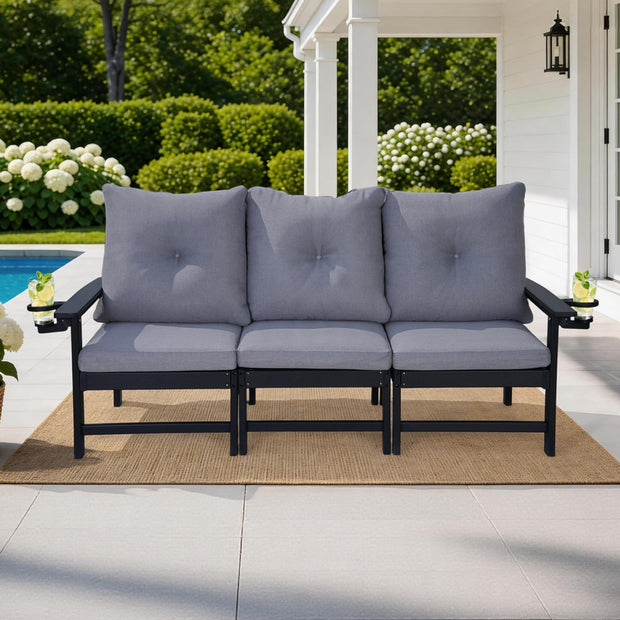 JMYMRY Outdoor 3-Seat Sofa, HDPE Patio Couch with Cup Holder & Thick Gray Cushions, Deep Seating Sofa for Garden, Deck, Front Porch, Black