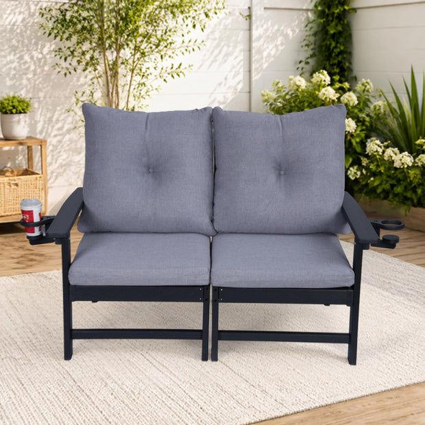 JMYMRY Outdoor HDPE Loveseat Sofa with Cup Holders, Deep Seating Patio Couch with Thick Gray Cushions, Weather Resistant Outdoor Sofa for Garden, Deck, Front Porch