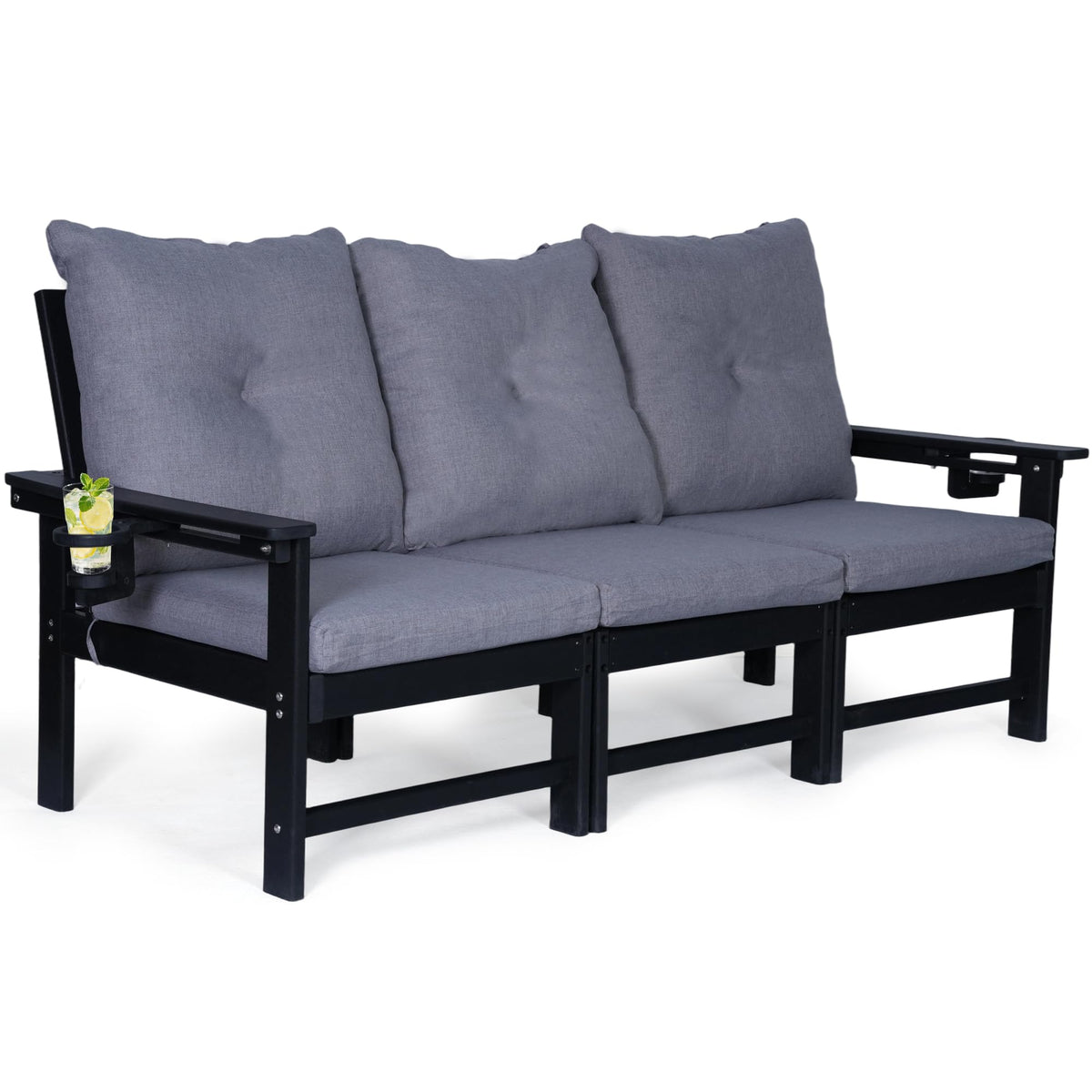 JMYMRY Outdoor 3-Seat Sofa, HDPE Patio Couch with Cup Holder & Thick Gray Cushions, Deep Seating Sofa for Garden, Deck, Front Porch, Black