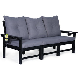 JMYMRY Outdoor 3-Seat Sofa, HDPE Patio Couch with Cup Holder & Thick Gray Cushions, Deep Seating Sofa for Garden, Deck, Front Porch, Black