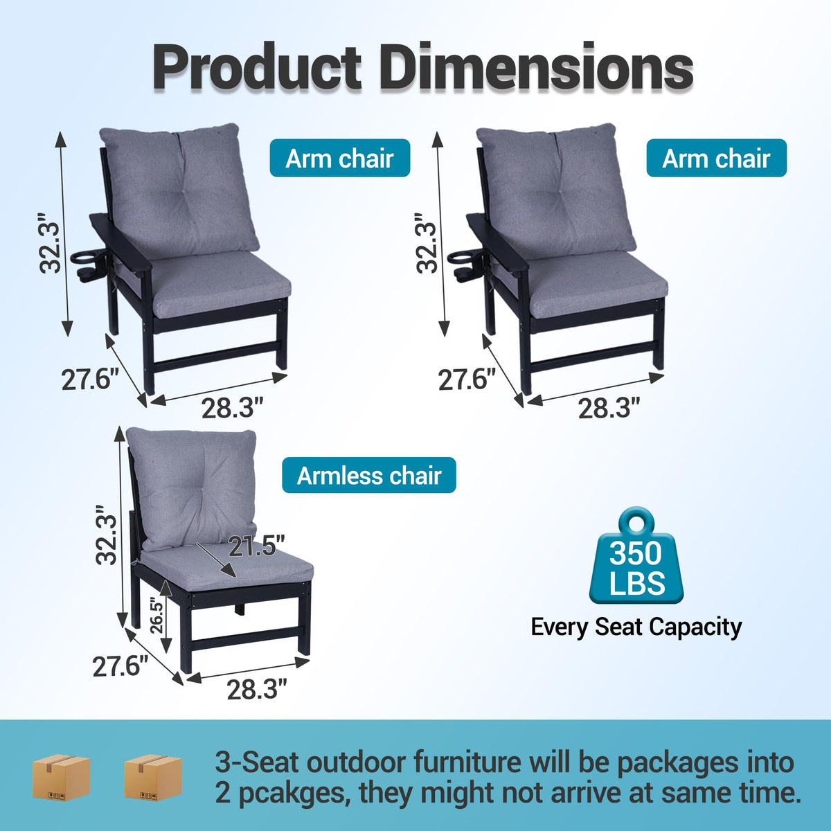 JMYMRY Outdoor 3-Seat Sofa, HDPE Patio Couch with Cup Holder & Thick Gray Cushions, Deep Seating Sofa for Garden, Deck, Front Porch, Black