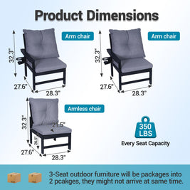 JMYMRY Outdoor 3-Seat Sofa, HDPE Patio Couch with Cup Holder & Thick Gray Cushions, Deep Seating Sofa for Garden, Deck, Front Porch, Black