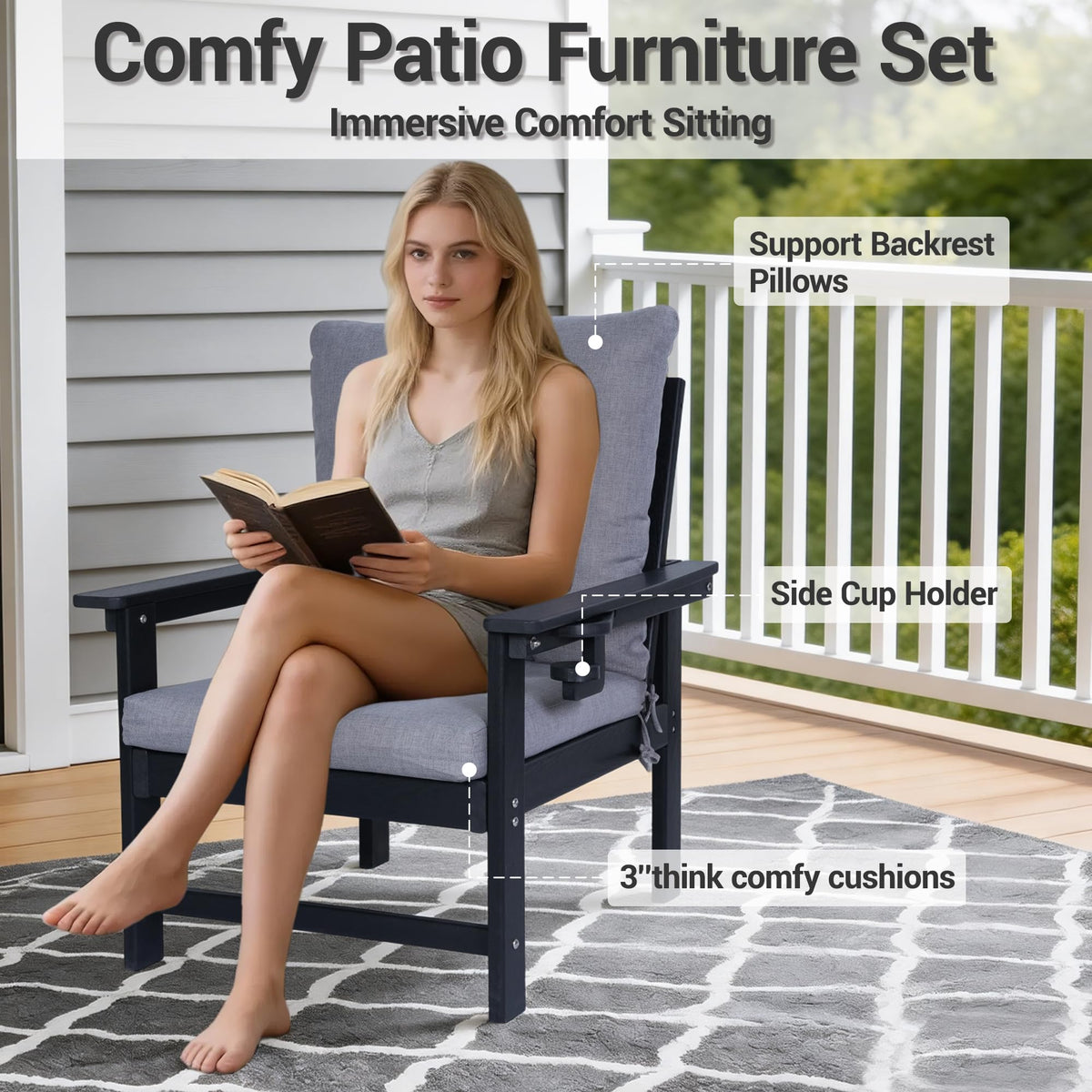 JMYMRY Outdoor 3-Seat Sofa, HDPE Patio Couch with Cup Holder & Thick Gray Cushions, Deep Seating Sofa for Garden, Deck, Front Porch, Black