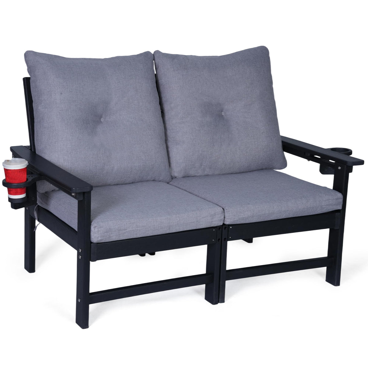 JMYMRY Outdoor HDPE Loveseat Sofa with Cup Holders, Deep Seating Patio Couch with Thick Gray Cushions, Weather Resistant Outdoor Sofa for Garden, Deck, Front Porch