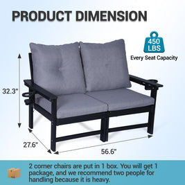 JMYMRY Outdoor HDPE Loveseat Sofa with Cup Holders, Deep Seating Patio Couch with Thick Gray Cushions, Weather Resistant Outdoor Sofa for Garden, Deck, Front Porch