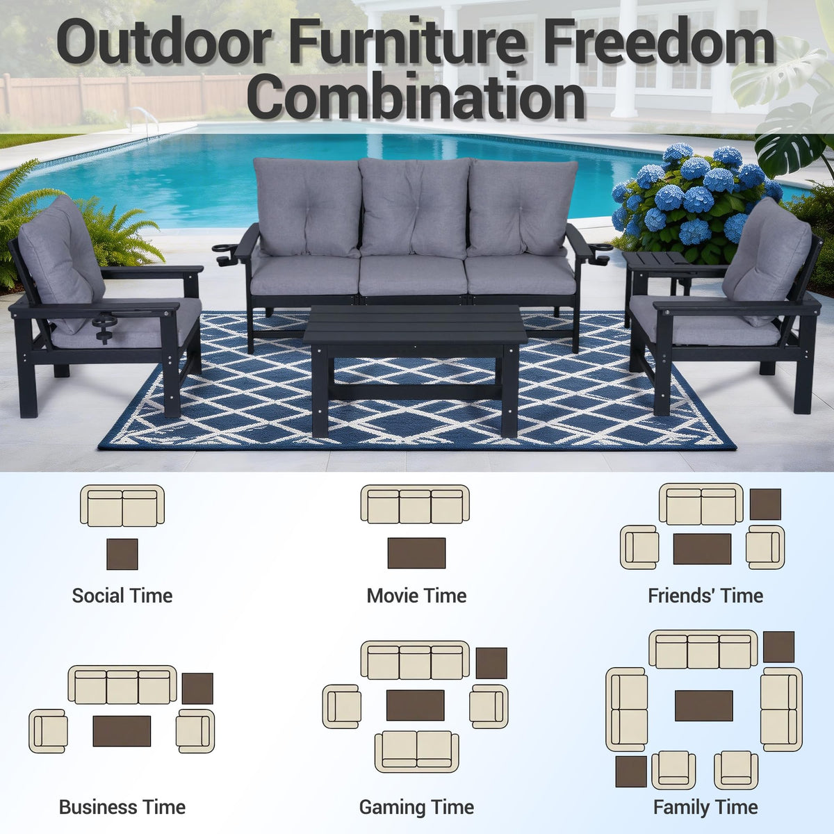 JMYMRY Outdoor HDPE Loveseat Sofa with Cup Holders, Deep Seating Patio Couch with Thick Gray Cushions, Weather Resistant Outdoor Sofa for Garden, Deck, Front Porch