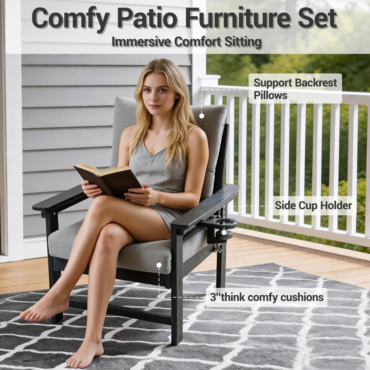 JMYMRY Outdoor HDPE Loveseat Sofa with Cup Holders, Deep Seating Patio Couch with Thick Gray Cushions, Weather Resistant Outdoor Sofa for Garden, Deck, Front Porch